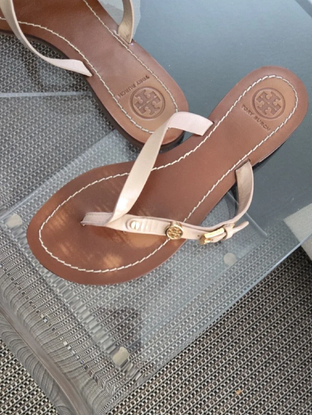 Tory Burch Beige Leather Thong Sandals with Gold Logo